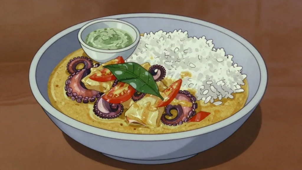 Kari zourit, octopus curry in creamy coconut milk, Creole signature, Seychelles main, anime style