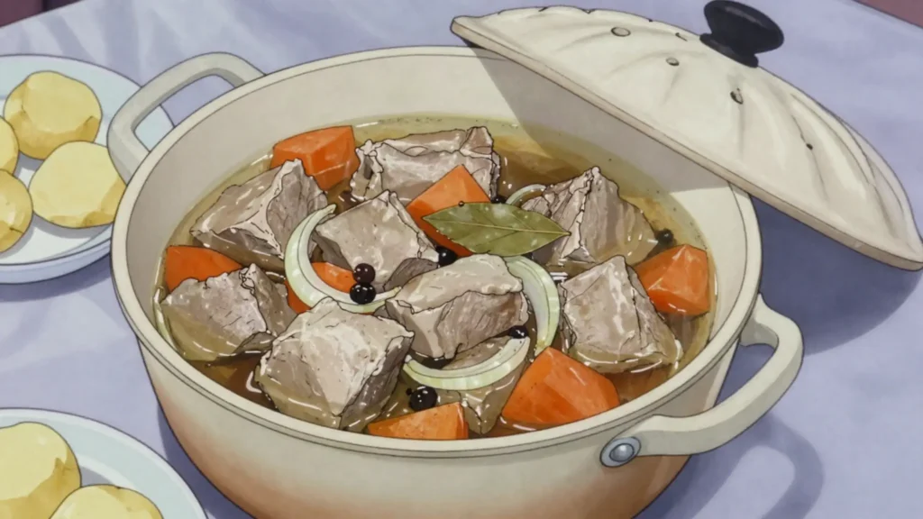 Karjalanpaisti, pork, beef and lamb slow-baked with allspice and root vegetables, Finland main, anime style