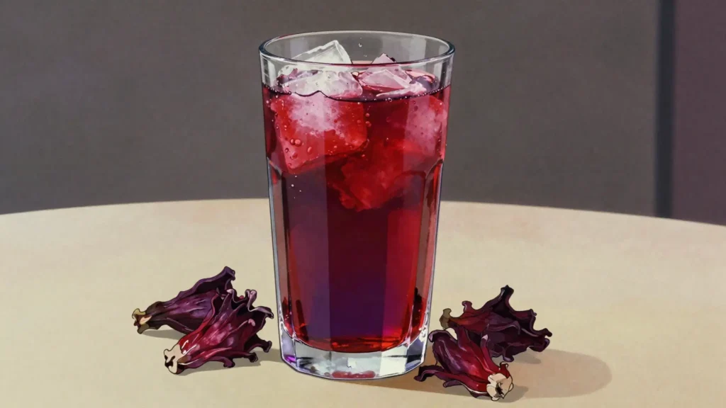 Karkade, deep-red hibiscus infusion, drunk sweet, hot or iced, Egypt drink, anime style