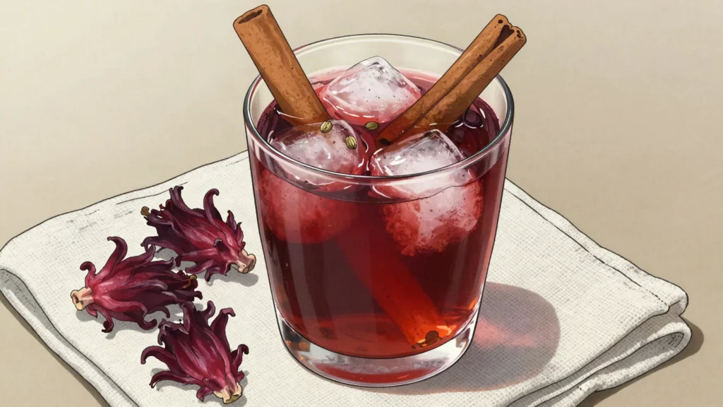 Karkanji, spiced hibiscus drink, ruby-red and sweet, sold iced, Chad drink, anime style