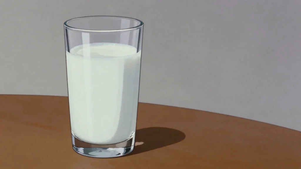 Karnemelk, sour buttermilk drunk cold by the glass with meals, Netherlands cheese & dairy, anime style