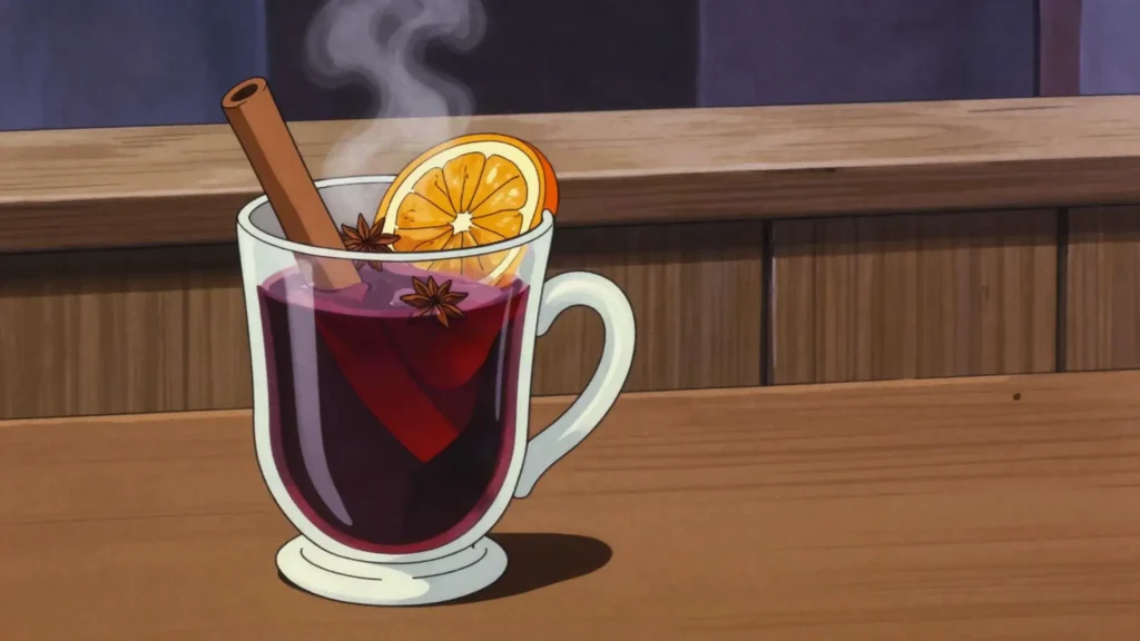 Karstvīns, mulled red wine with honey and spices, sold from market huts, Latvia cocktail, anime style