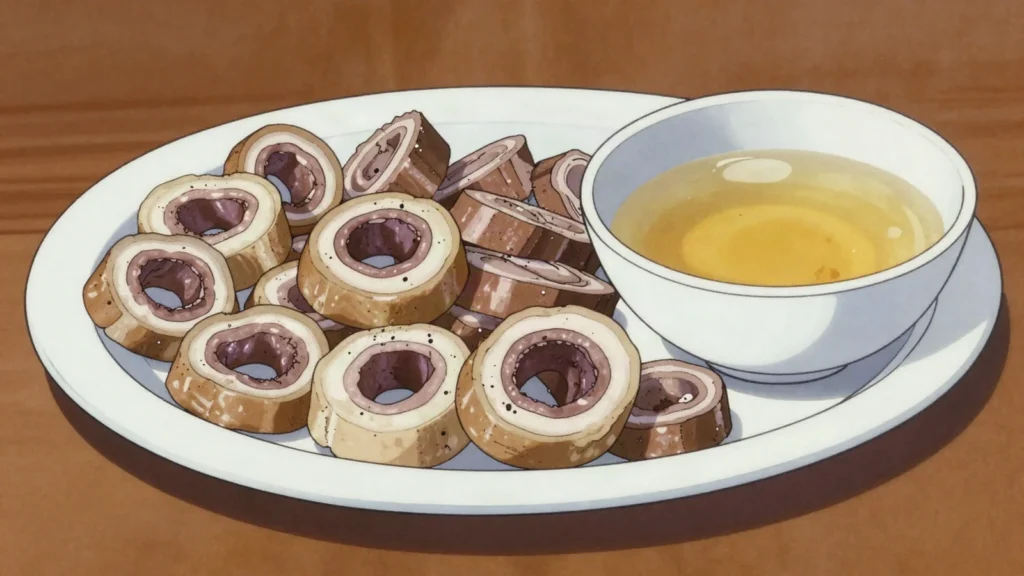 Karta, horse intestine turned inside out and boiled, sliced onto festive tables, Kazakhstan charcuterie & cured, anime style