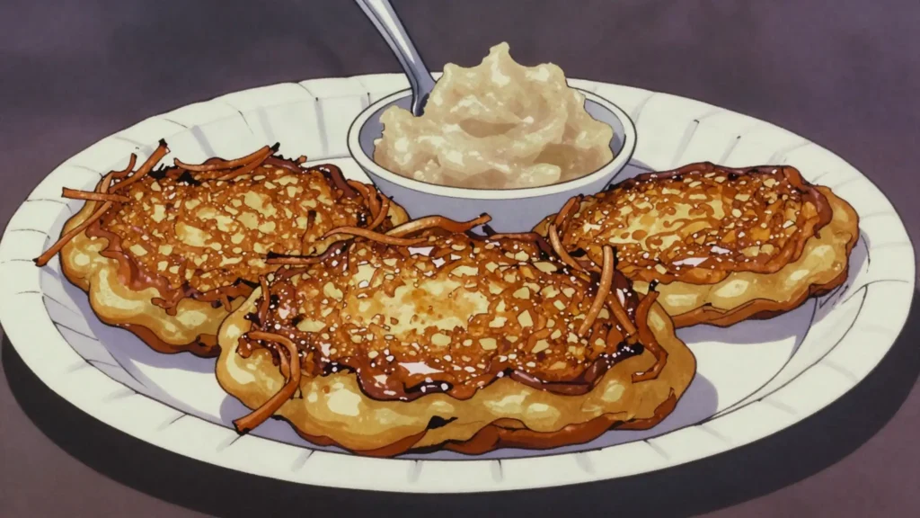 Kartoffelpuffer, crisp potato pancakes with applesauce at Christmas markets, Germany street food, anime style