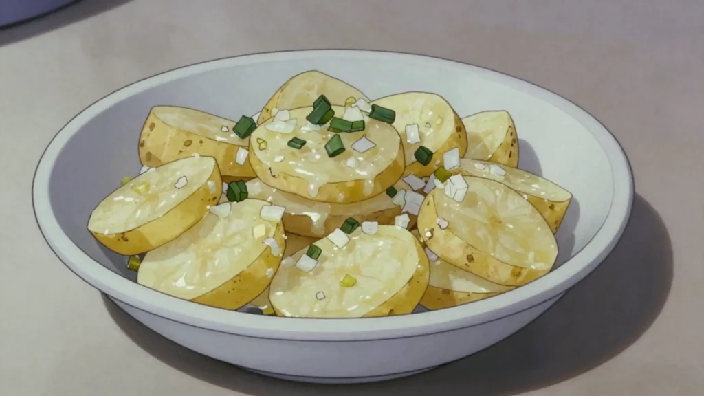 Kartoffelsalat, potato salad dressed with broth-vinegar in the south, mayonnaise northward, Germany salad & side, anime style