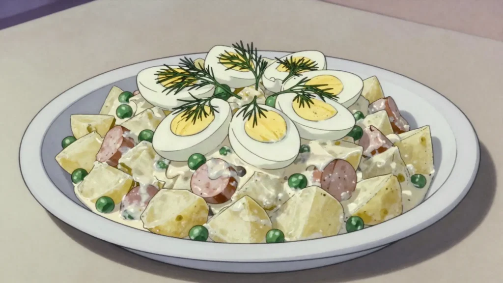 Kartulisalat, creamy potato salad with sausage, peas, pickles; every celebration, Estonia salad & side, anime style