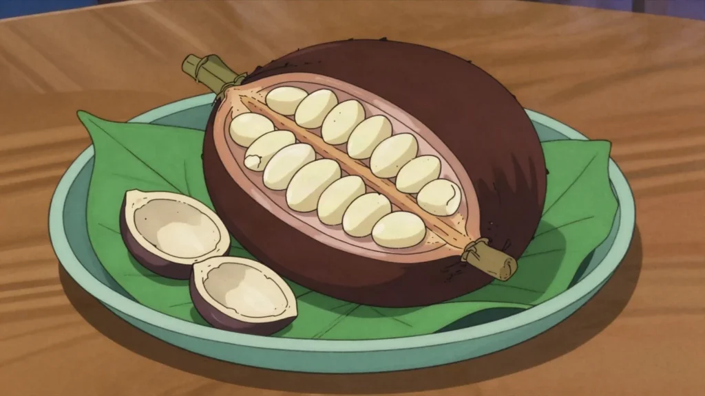 Karuka, oily highland pandanus nuts roasted in the shell, harvested in cold forest, Papua New Guinea snack, anime style