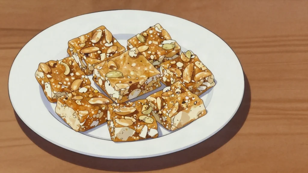 Kashata, coconut or peanut brittle-like squares scented with cardamom, Tanzania dessert, anime style