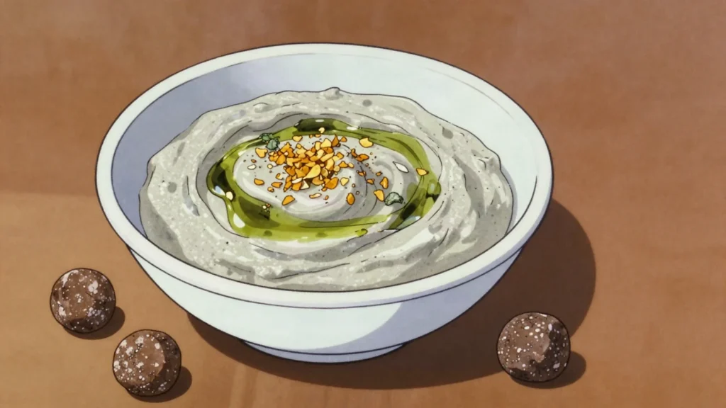 Kashk, dried fermented whey, soaked and beaten into a tangy grey cream, Iran cheese & dairy, anime style