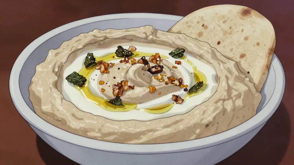 Kashk-e bademjan, fried eggplant dip with fermented whey, fried mint and walnuts, Iran salad & side, anime style