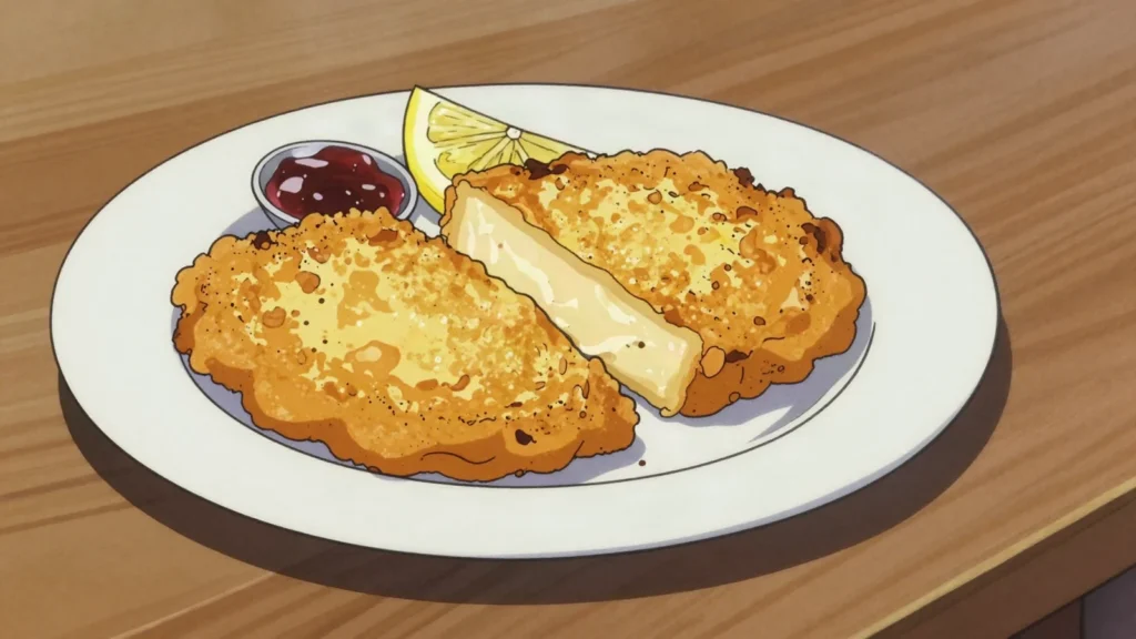 Kashkaval, firm yellow cheese, sliced, breaded and fried or grated, Bulgaria cheese & dairy, anime style