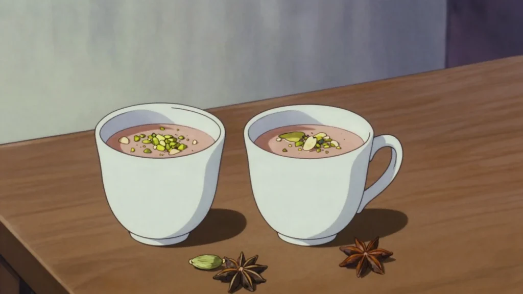 Kashmiri Chai, pink salted tea with milk, cardamom and crushed pistachio, served at winter, Pakistan drink, anime style