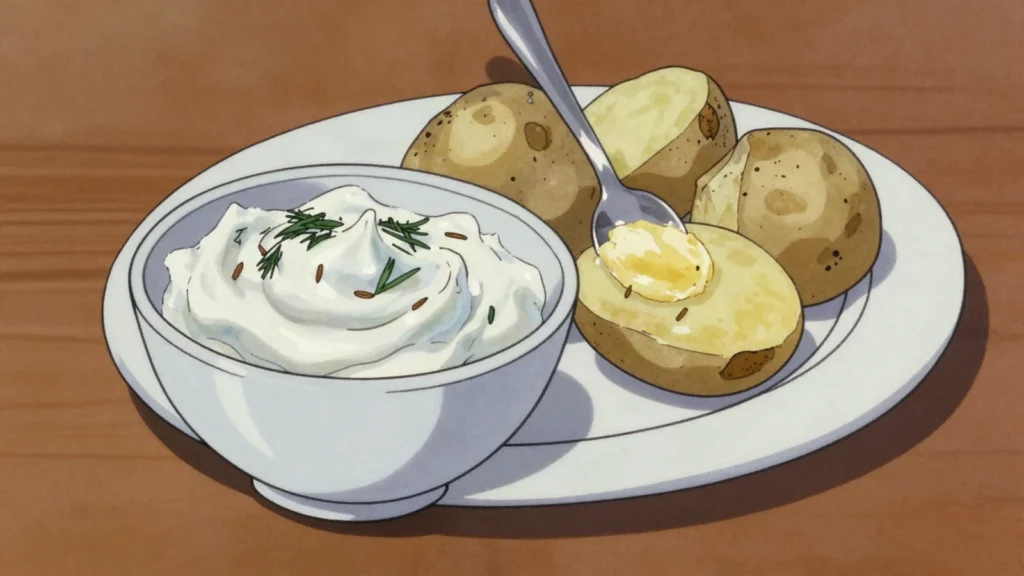 Kastinys, whipped sour cream churned with butter, poured over hot potatoes, Lithuania cheese & dairy, anime style