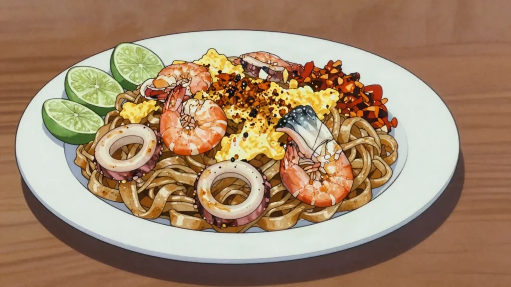Kat Kyi Kaik, flat rice noodles fried with squid, prawn, egg and fish cake, Myanmar main, anime style