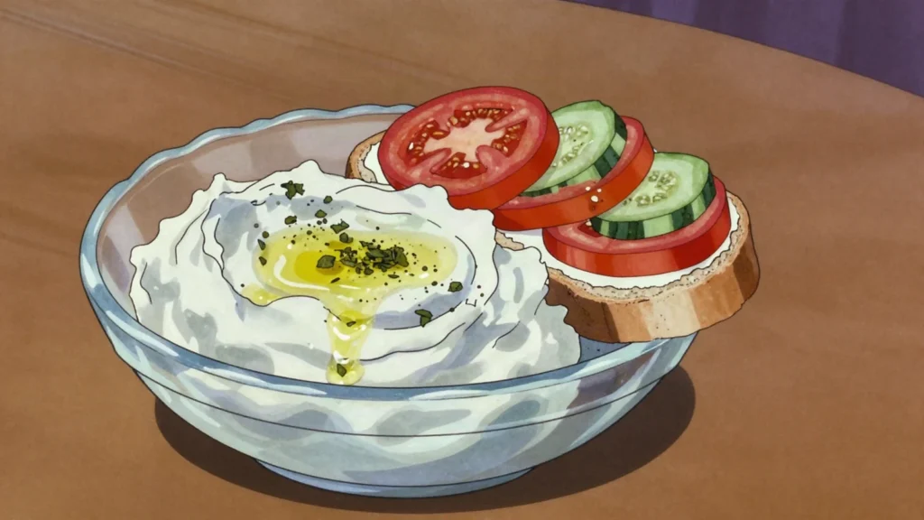 Katak, sour fermented milk spread with garlic and savory, eaten on bread, Bulgaria fermented & pickled, anime style