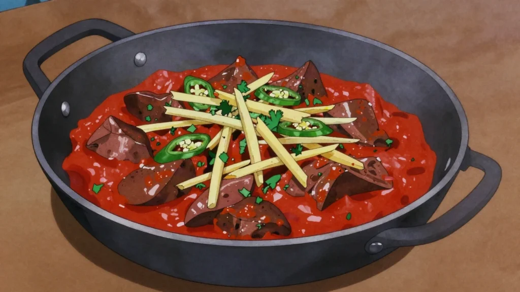 Katakat, offal and spices chopped noisily on a flat hot griddle, Pakistan street food, anime style
