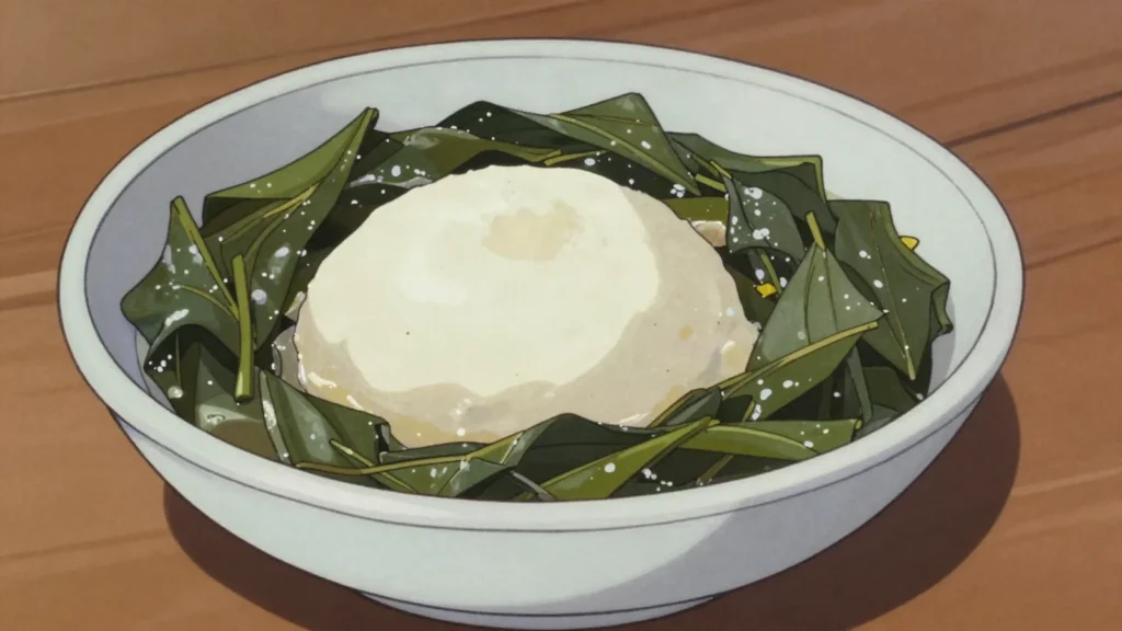 Katapa, cassava leaves pounded fine and simmered long with groundnut, Zambia salad & side, anime style