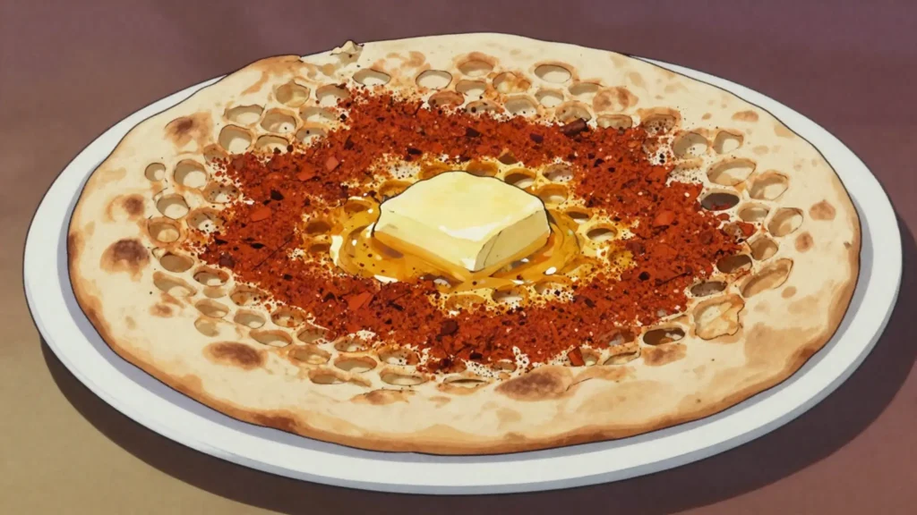 Kategna, injera toasted crisp and brushed with spiced butter and berbere, Ethiopia snack, anime style