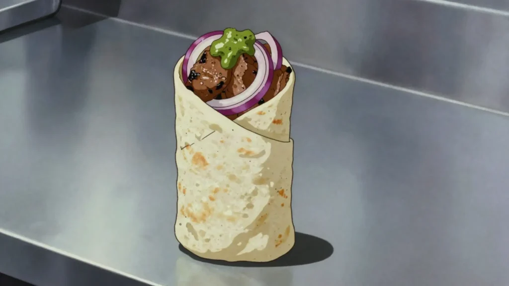 Kathi Roll, paratha wrapped around skewered kebab, raw onion and chutney, eaten walking, India street food, anime style