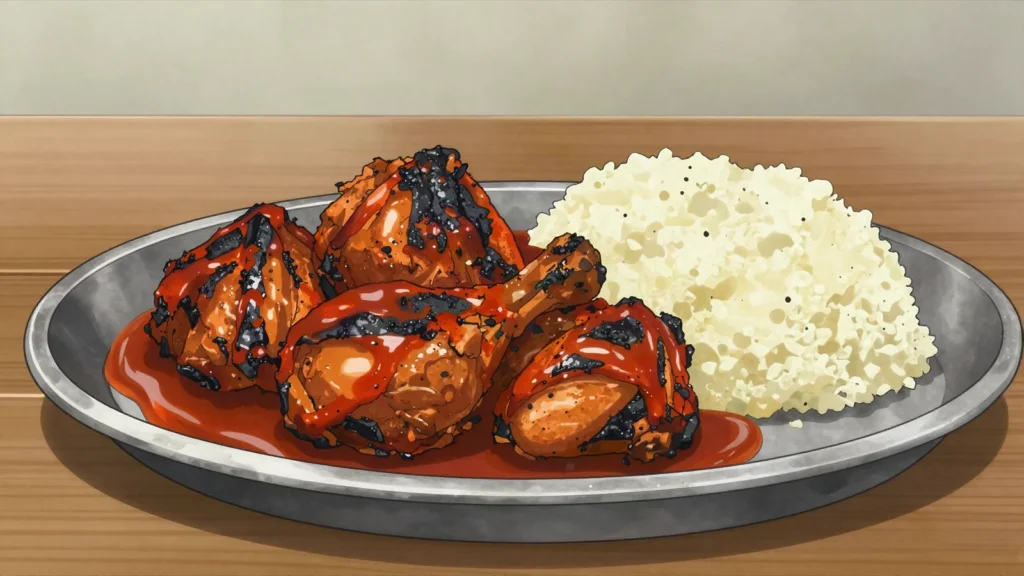 Kati kati, fire-grilled chicken finished in palm oil, eaten with corn fufu, Cameroon main, anime style
