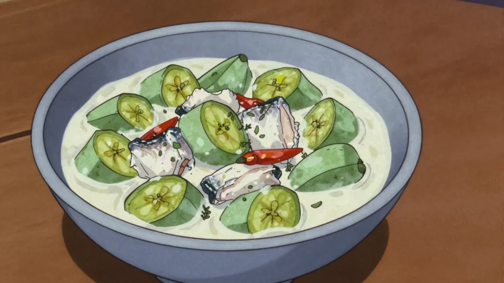 Katkat banann, green plantain simmered in coconut milk with salted or fresh fish, Seychelles main, anime style