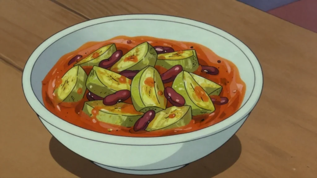 Katogo, one-pot matooke with beans, offal or beef, morning favorite, Uganda breakfast, anime style