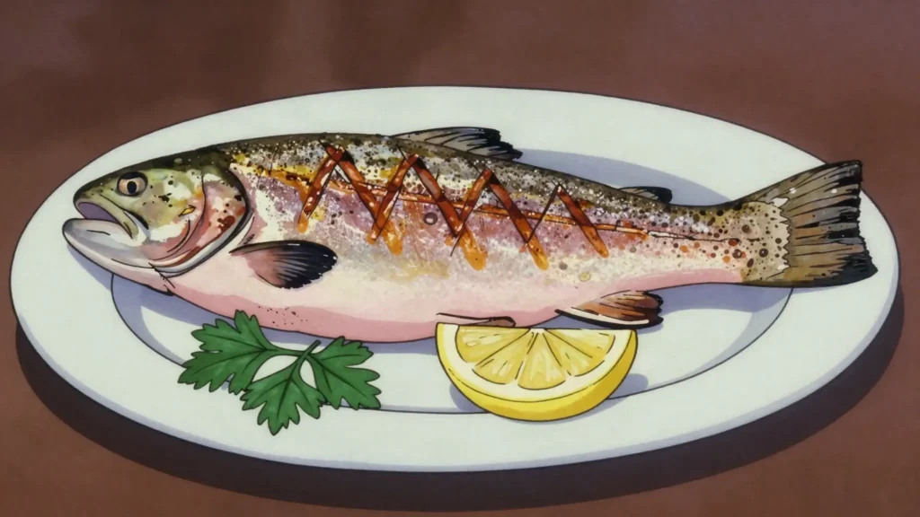Katse trout, rainbow trout raised in cold dam water, grilled or smoked, Lesotho main, anime style