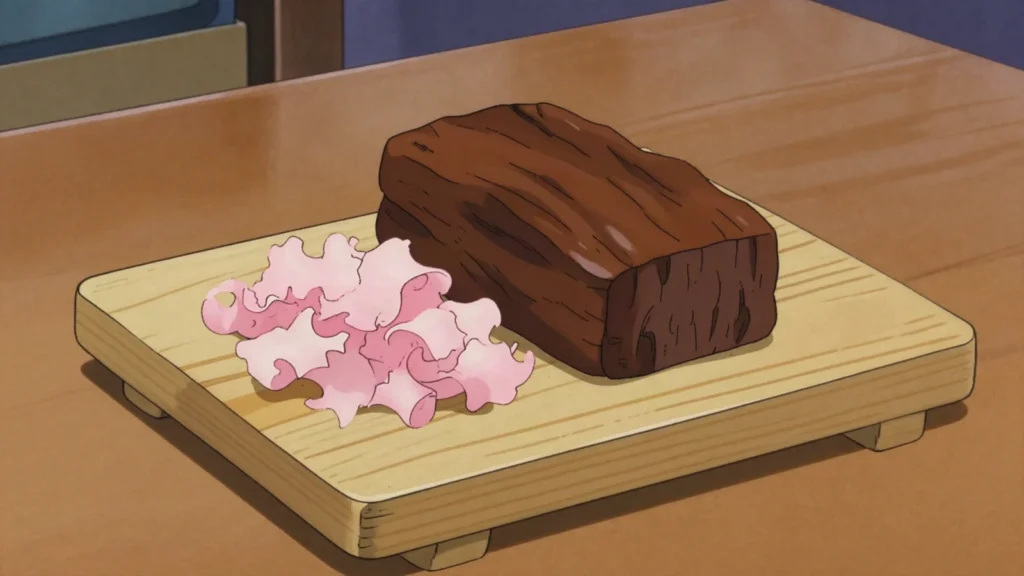 Katsuobushi, skipjack tuna smoked, mould-fermented and dried rock-hard, shaved into, Japan charcuterie & cured, anime style