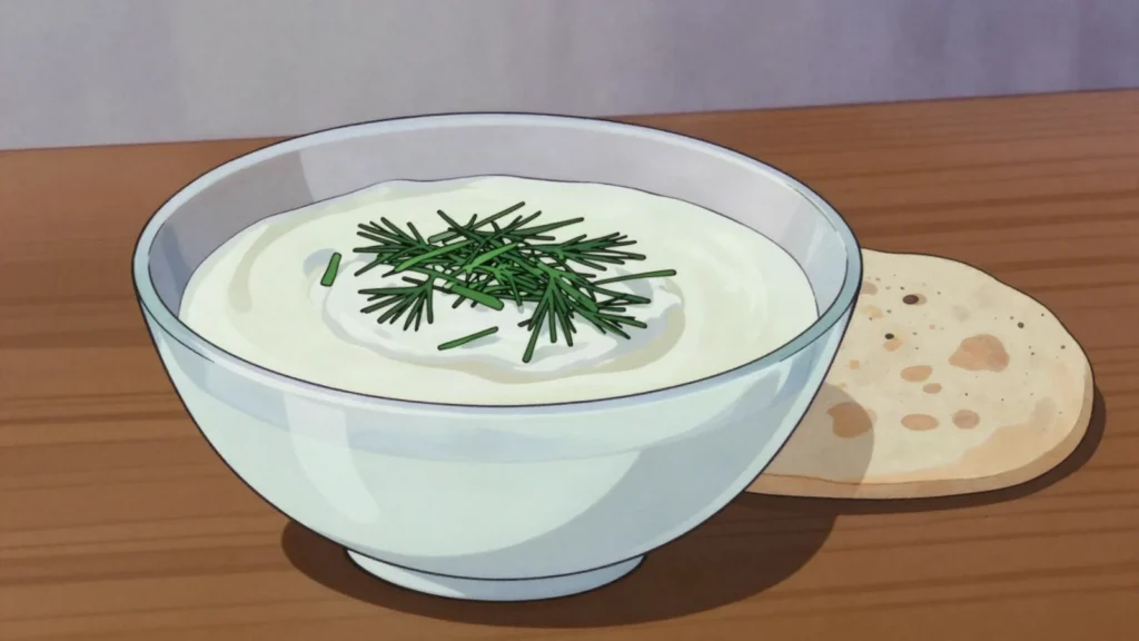 Katyk, thick soured milk eaten plain or stirred into soups, Kazakhstan cheese & dairy, anime style