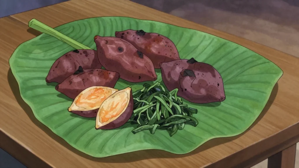Kaukau, roasted or boiled sweet potato, the highlands' daily staple, Papua New Guinea salad & side, anime style