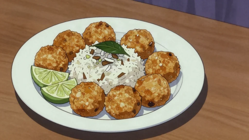 Kavaabu, fried balls of tuna, rice and coconut spiced with curry leaf and chilli, Maldives snack, anime style