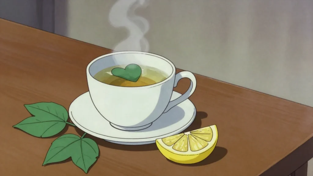 Kawakawa Tea, infusion of heart-shaped native pepper leaves; peppery and slightly bitter, New Zealand drink, anime style
