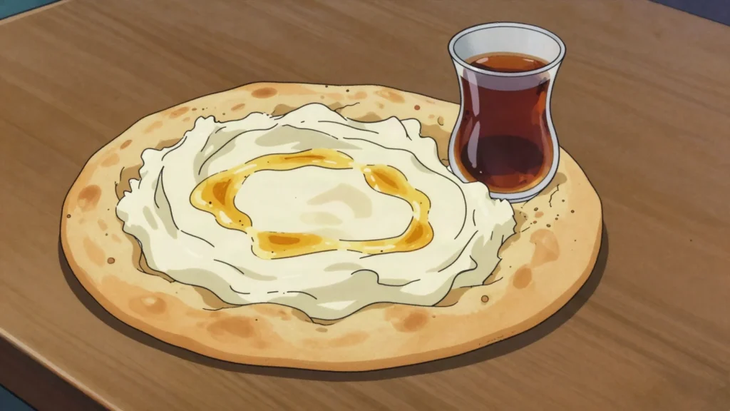 Kaymak, thick clotted cream from the summer pastures, eaten with bread and honey, Kyrgyzstan cheese & dairy, anime style