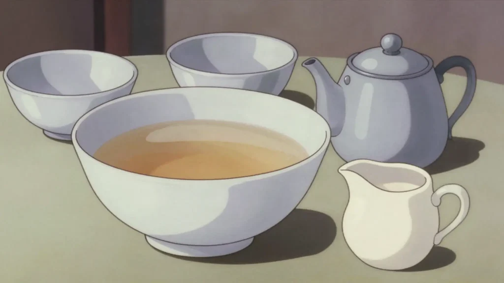 Kazakh tea, black tea drunk with milk or cream, poured into half-filled bowls, Kazakhstan drink, anime style
