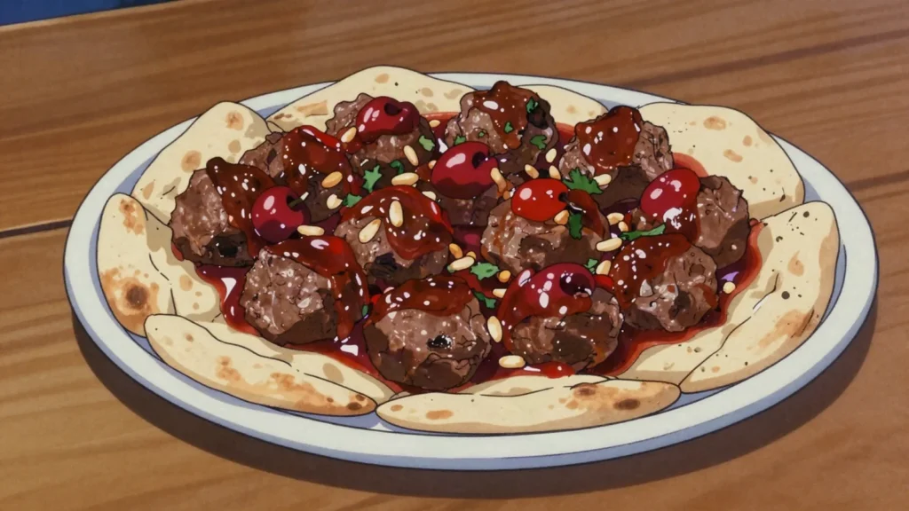 Kebab karaz, aleppo meatballs simmered with sour cherries, served on flatbread, Syria main, anime style