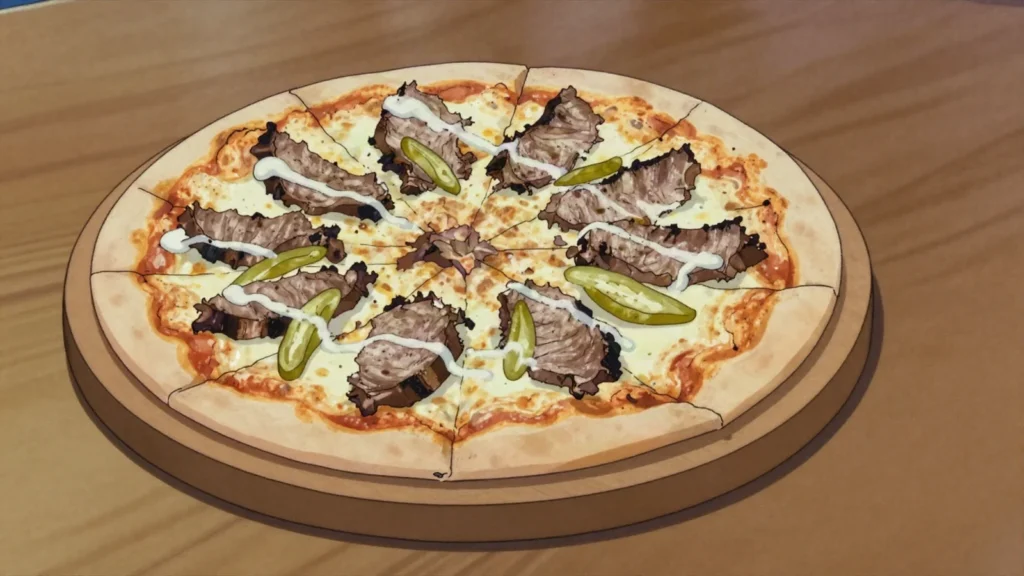 Kebabpizza, pizza topped with kebab meat, garlic sauce and pepperoncini, Sweden street food, anime style