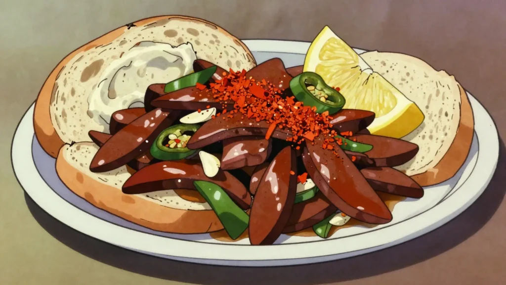 Kebda eskandarani, alexandrian chili-garlic beef liver, fried and piled into rolls, Egypt street food, anime style