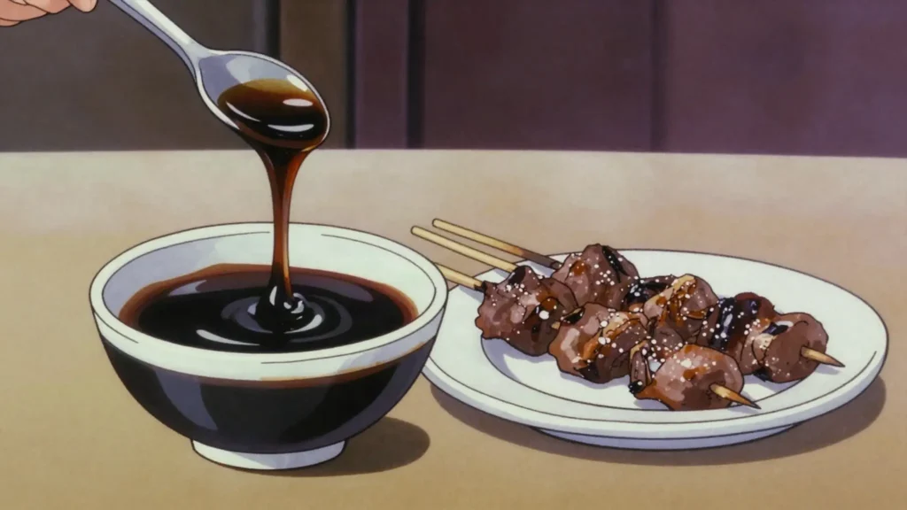 Kecap Manis, thick sweet soy syrup heavy with palm sugar, brushed on satay and, Indonesia sauce & condiment, anime style