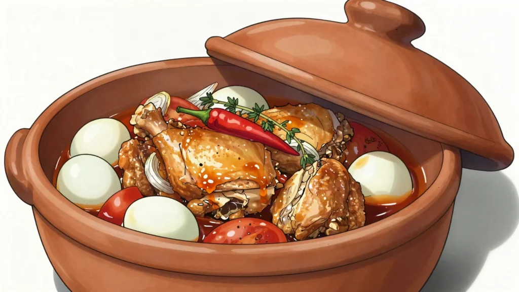 Kedjenou, chicken and vegetables slow-steamed in a sealed clay canari pot, Côte d'Ivoire soup & stew, anime style