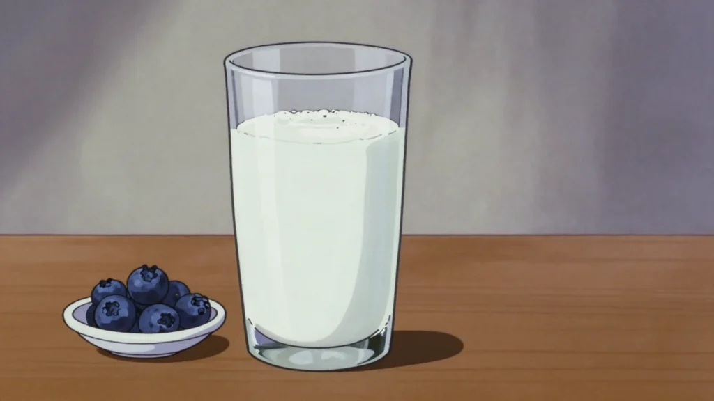 Kefir, tart, slightly fizzy fermented milk drunk plain from the bottle, Russia fermented & pickled, anime style