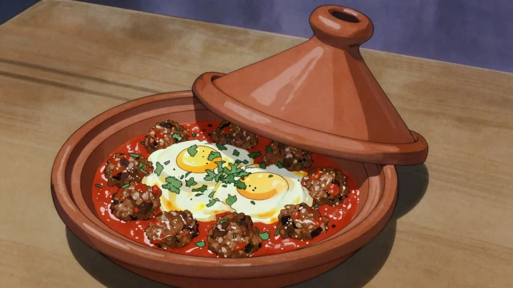 Kefta tagine, spiced meatballs simmered in tomato sauce, finished with poached eggs, Morocco main, anime style