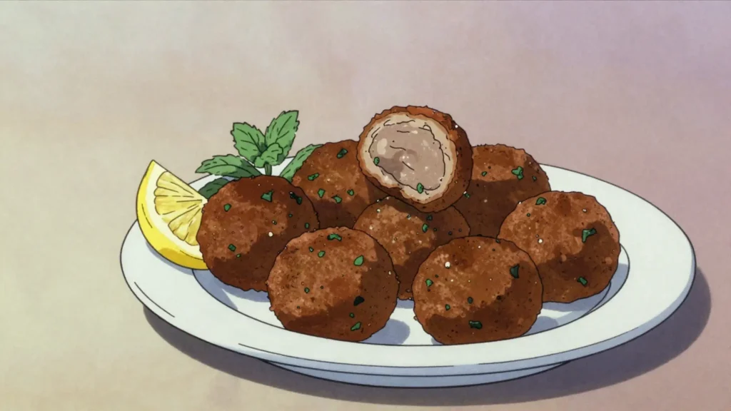 Keftedes, herbed fried meatballs, classic meze with ouzo, Greece snack, anime style