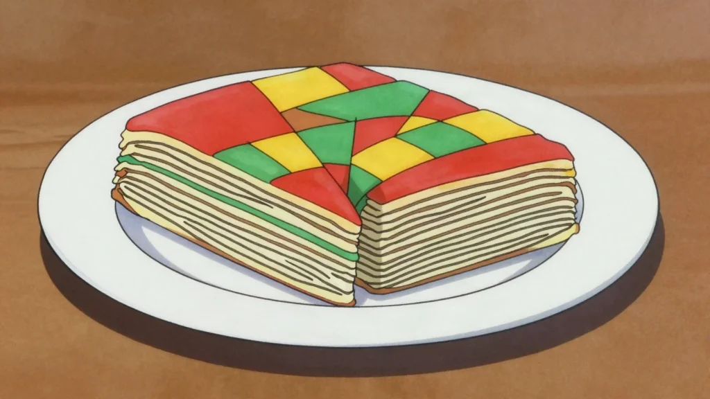 Kek Lapis Sarawak, layer cake built up grill by grill into intricate patterns, sliced to show, Malaysia dessert, anime style