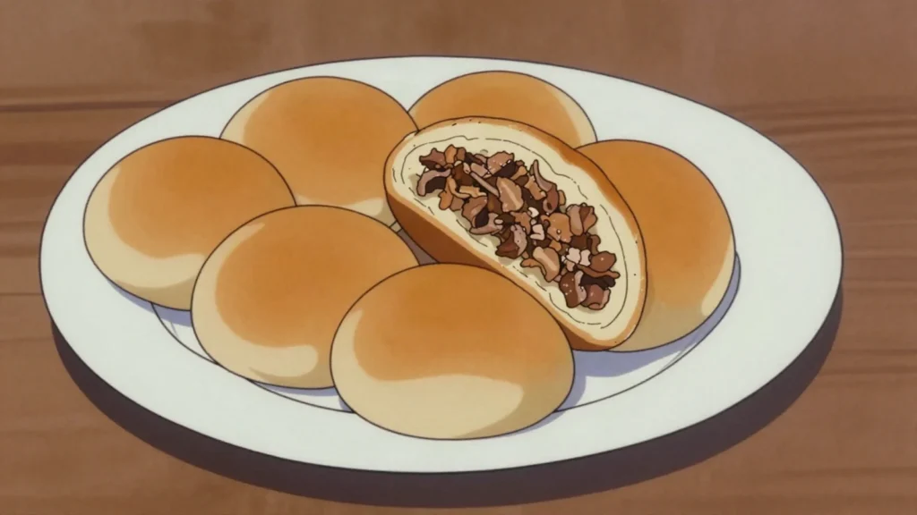 Keke Pua'a, steamed or baked buns filled with seasoned minced pork, Samoa street food, anime style