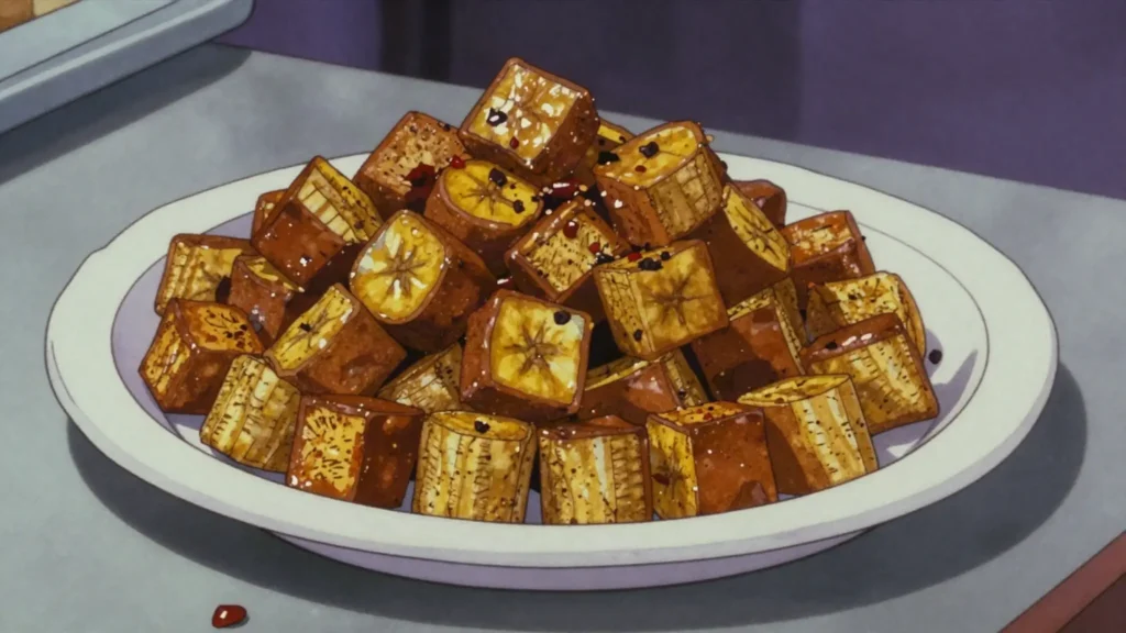 Kelewele, ripe plantain cubes fried with ginger, chili and nutmeg, Ghana street food, anime style