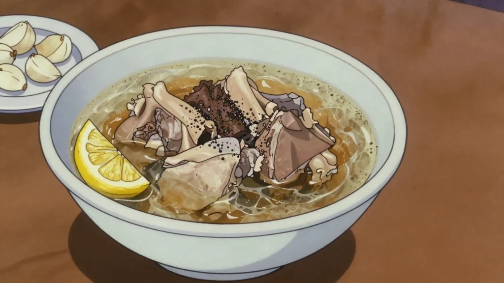 Kelle-bashayak, sheep head and trotters simmered for hours into a rich gelatinous, Turkmenistan soup & stew, anime style