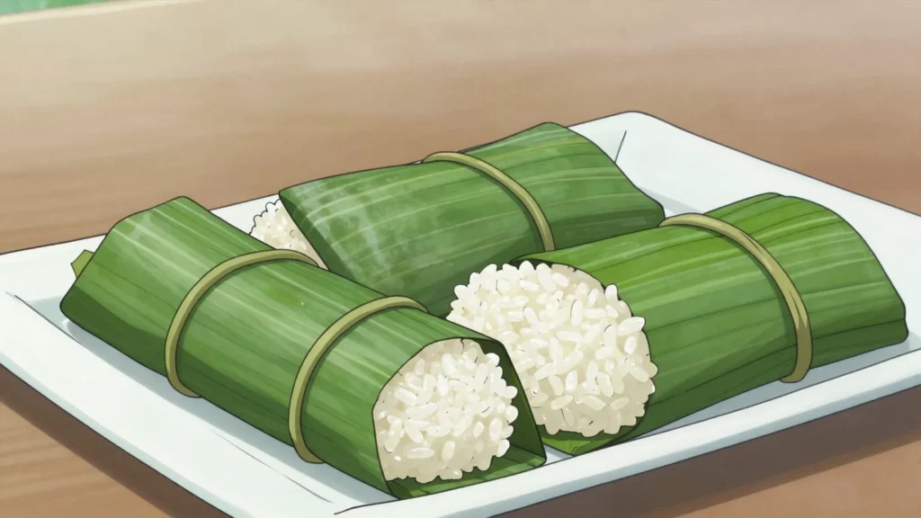 Kelupis, glutinous rice steamed in nyirik leaves, eaten with rendang, Brunei snack, anime style