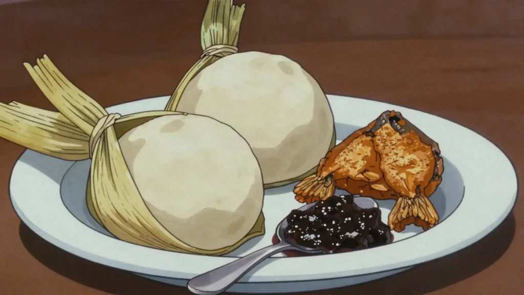 Kenkey, sour steamed corn dough in husks, eaten with fried fish and shito, Ghana main, anime style