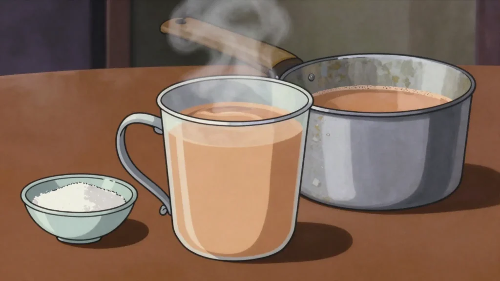 Kenyan chai, strong milky tea boiled with sugar, drunk all day, Kenya drink, anime style
