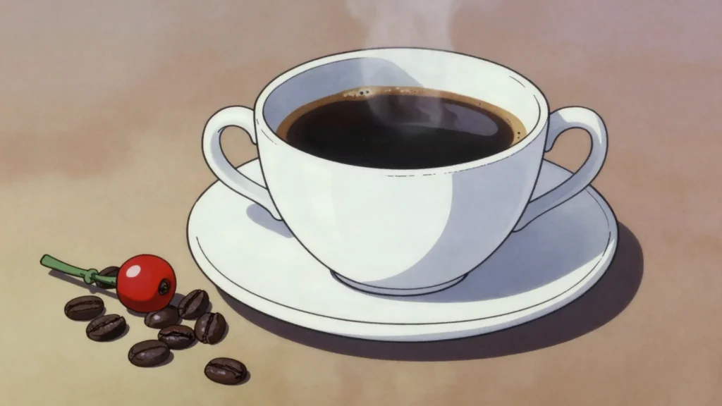 Kenyan coffee, bright, blackcurrant-sharp arabica from the volcanic slopes around Mount Kenya, Kenya drink, anime style